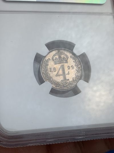 《竞宝斋》第239场-周日，周一 年终拍场 (全场包邮) 4枚一组 NGC UNC-MS65 英国1892年洗脚币 1便士+2便士+3便士+4便士  灌足节稀少品种 少见包浆 PL感十足
