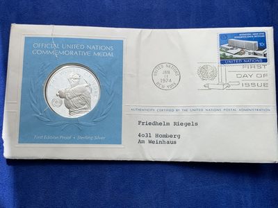 《竞宝斋》第239场-周日，周一 年终拍场 (全场包邮) 1974联合国发行的1盎司纯银章首日封（纪念国际工会组织）