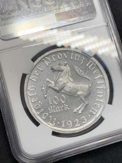 《竞宝斋》第239场-周日，周一 年终拍场 (全场包邮) NGC MS64 德国1923年威斯特法伦100马克铝币，紧急通胀大马币系列之一，品相极佳，PF效果