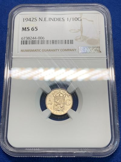 《竞宝斋》第239场-周日，周一 年终拍场 (全场包邮) NGC MS65 1942年S版 荷属东印度群岛（今印尼）1/10盾 银币