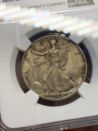 《竞宝斋》第239场-周日，周一 年终拍场 (全场包邮) NGC-MS63 美国 1945年 半美元 银币 厚重的灰黑色包浆 状态难得