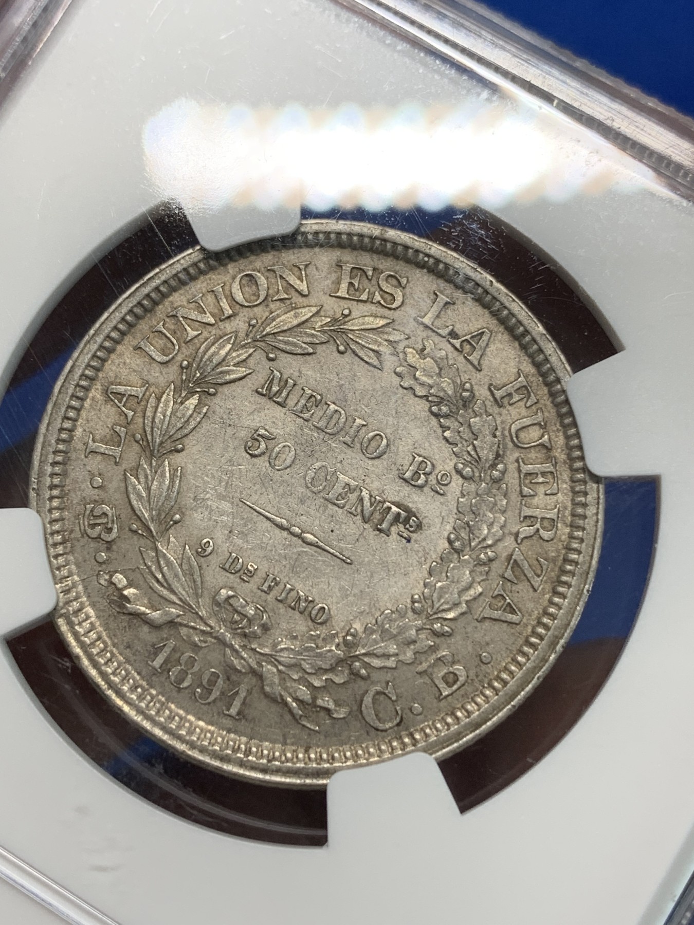 《竞宝斋》第240场-周日，周一 年终尾场 (全场包邮) NGC-MS61 玻利维亚 1891年50分银币 漂亮灰包浆 草泥马图案