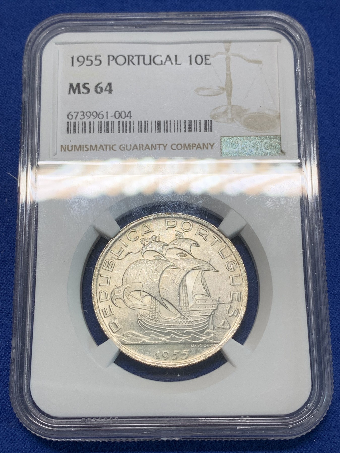 《竞宝斋》第240场-周日，周一 年终尾场 (全场包邮) NGC-MS64 葡萄牙 1955年10埃斯库多银币 大帆船 一帆风顺 性价比高