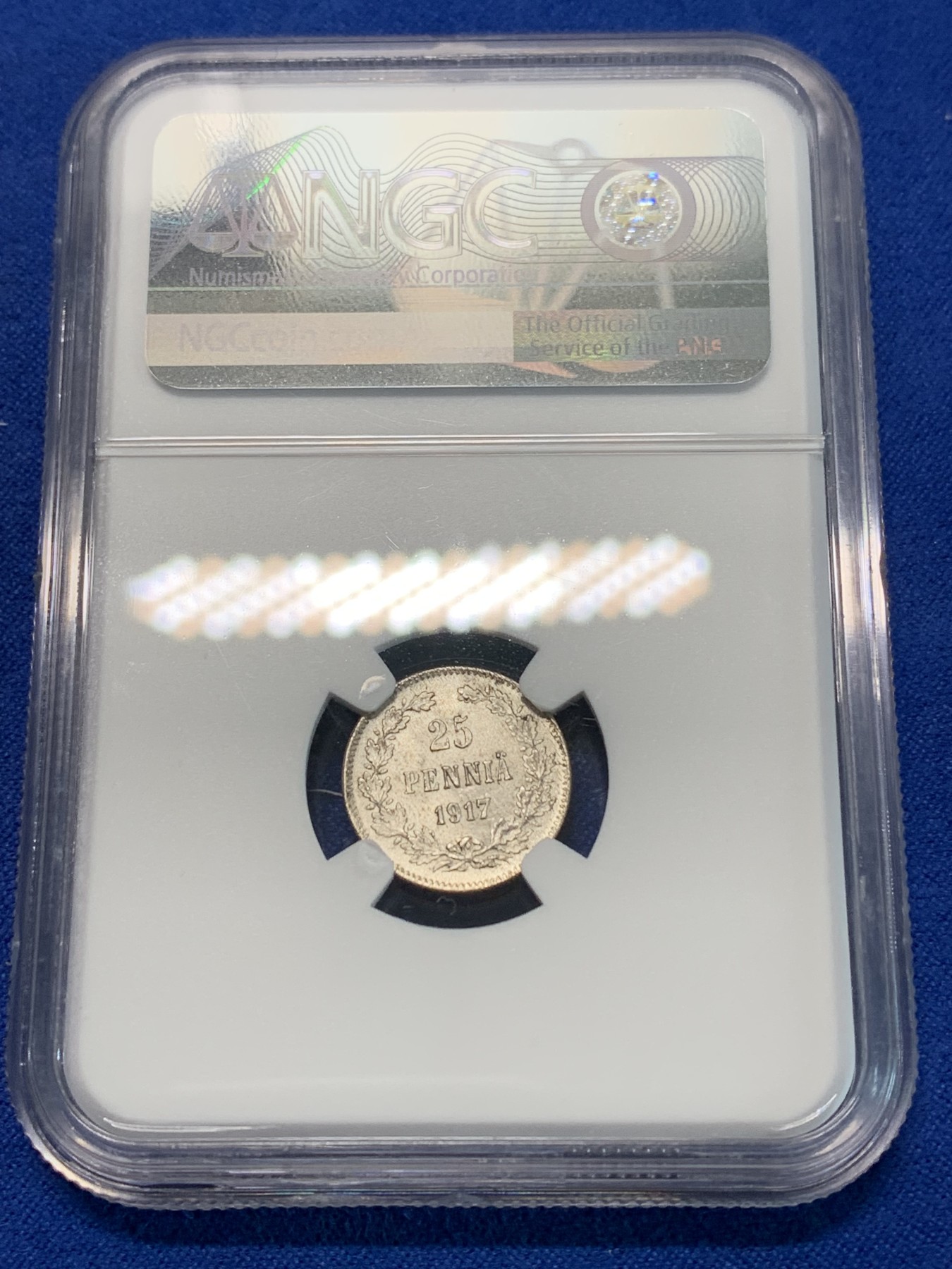 《竞宝斋》第240场-周日，周一 年终尾场 (全场包邮) NGC MS64 俄占芬兰1917年25盆尼小银币