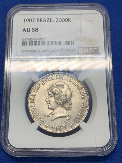《竞宝斋》第239场-周日，周一 年终拍场 (全场包邮) NGC AU58 巴西女神1907年2000瑞斯银币
