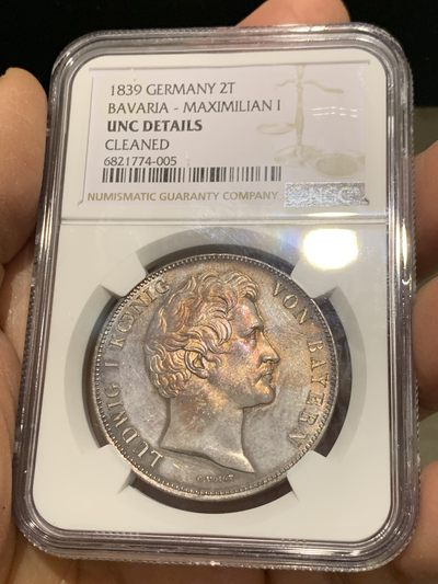 《竞宝斋》第239场-周日，周一 年终拍场 (全场包邮) NGC UNC 德国 1839年 巴伐利亚选帝侯 路德维希一世 2泰勒 大银币 37克的大规格少见品种 包浆底板都很好 性价比来了