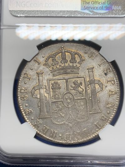 《竞宝斋》第239场-周日，周一 年终拍场 (全场包邮) NGC-MS62 玻利维亚 1808年 卡洛斯四世 8里亚尔银币 灰色五彩包浆 压力十足 底板PL感 状态非常好
