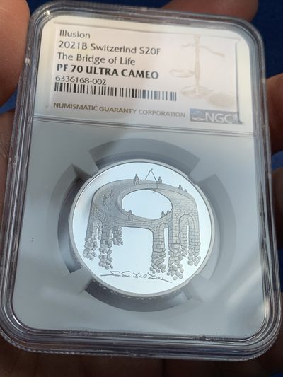 《竞宝斋》第239场-周日，周一 年终拍场 (全场包邮) NGC-PF70 瑞士2021年发行的错觉艺术生命之桥20瑞士法郎（发行5000枚） 盒证齐全 20g 33mm 835银