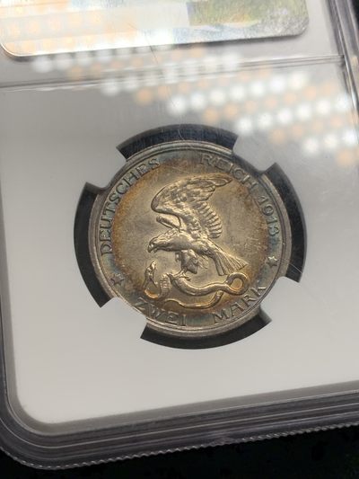 《竞宝斋》第239场-周日，周一 年终拍场 (全场包邮) NGC MS61 德国普鲁士1913年战胜拿破仑纪念2马克银币 正面极致五彩，背面环五彩 视觉盛宴 分数可以忽略了
