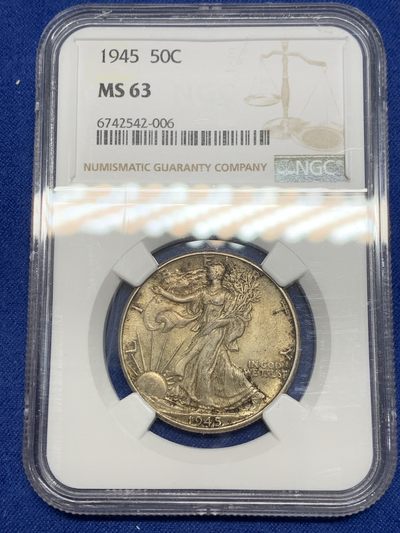 《竞宝斋》第239场-周日，周一 年终拍场 (全场包邮) NGC-MS63 美国 1945年 半美元 银币 厚重的灰黑色包浆 状态难得