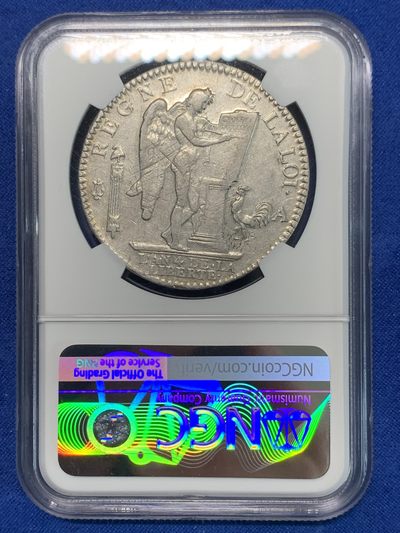 《竞宝斋》第239场-周日，周一 年终拍场 (全场包邮) NGC XF 法国1792A路易十六天使埃居大银币，热门品种天使幸运币，深打制，正反面人物细节清晰，流通磨损小，难得银光很好。