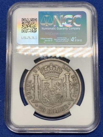 《竞宝斋》第239场-周日，周一 年终拍场 (全场包邮) NGC XFD 西班牙 1854年 20里亚尔 猪头妹 少见品种 细节好，可以重评搏分，西班牙现在也是潜力股，可以投资重评等待涨钱