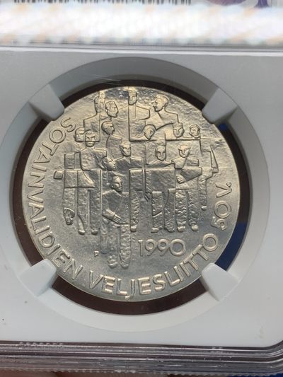 《竞宝斋》第239场-周日，周一 年终拍场 (全场包邮) NGC MS68 芬兰1990年100马克伤残退伍军人协会纪念银币 克劳斯获奖币 三十五周年特标