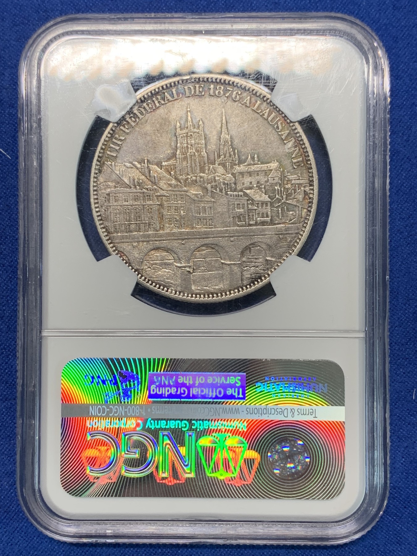 《竞宝斋》第240场-周日，周一 年终尾场 (全场包邮) NGC AU55 瑞士1876年洛桑射击节5法郎银币