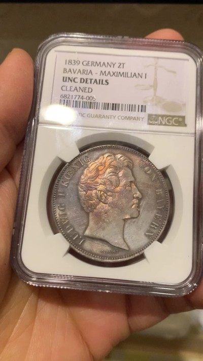 《竞宝斋》第239场-周日，周一 年终拍场 (全场包邮) NGC UNC 德国 1839年 巴伐利亚选帝侯 路德维希一世 2泰勒 大银币 37克的大规格少见品种 包浆底板都很好 性价比来了