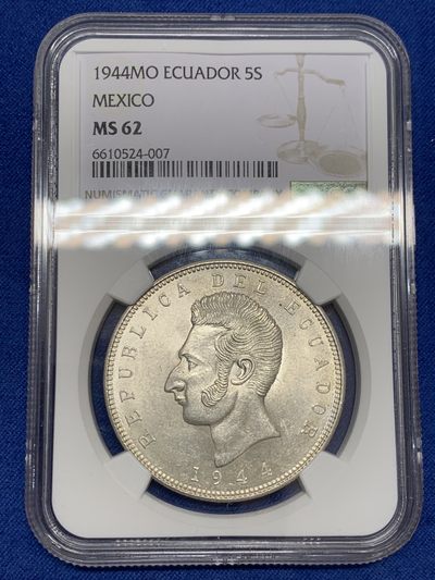 《竞宝斋》第239场-周日，周一 年终拍场 (全场包邮) NGC-MS62 1944年厄瓜多尔5苏克雷银币，墨西哥铸造。原汁原味老包浆，包浆醇厚，打制精美，车轮十字光，略为低评，状态和品质秒杀大部分MS63。