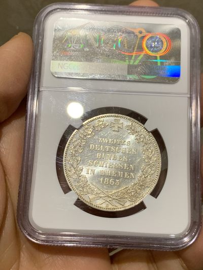 《竞宝斋》第239场-周日，周一 年终拍场 (全场包邮) NGC MS64 德国德意志不来梅 1865年射击节1泰勒银币 原光出厂状态！高分难得