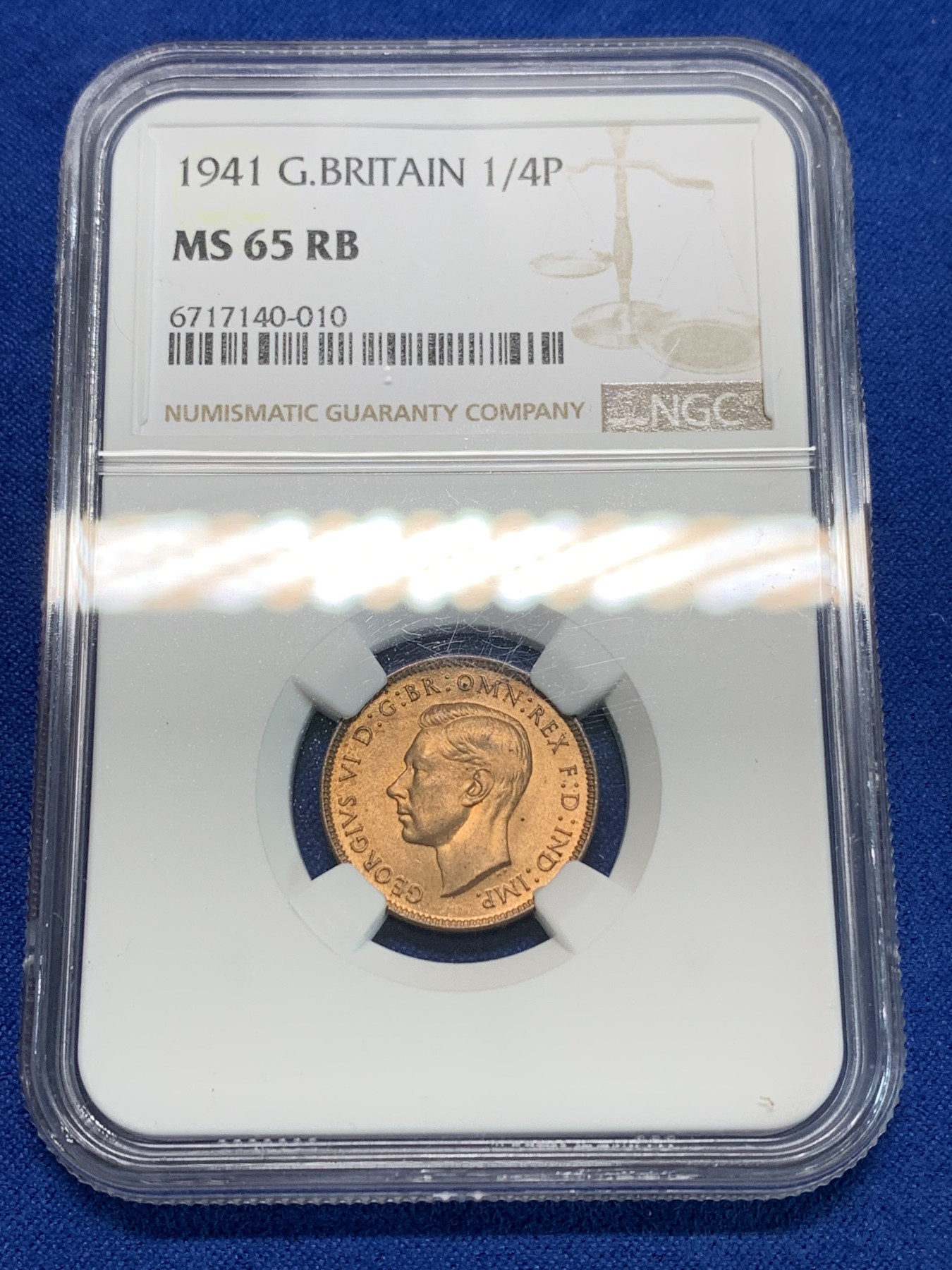 《竞宝斋》第240场-周日，周一 年终尾场 (全场包邮) NGC MS65RB 英国1941年乔六法新铜币，近RD原铜光，小鸟可爱，转光犀利