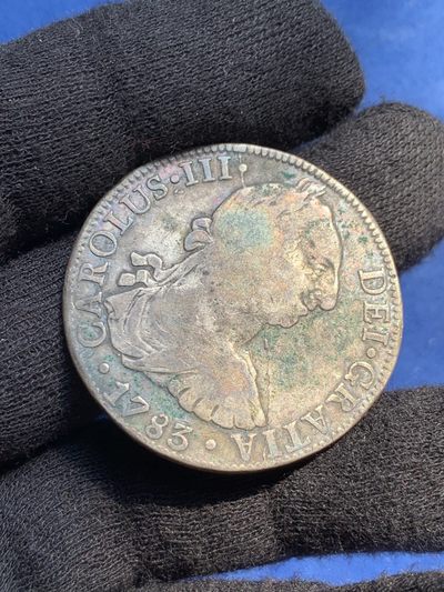 《竞宝斋》第239场-周日，周一 年终拍场 (全场包邮) 西属墨西哥1783年卡洛斯三世双柱8R FF 原状态绿锈 细节见图