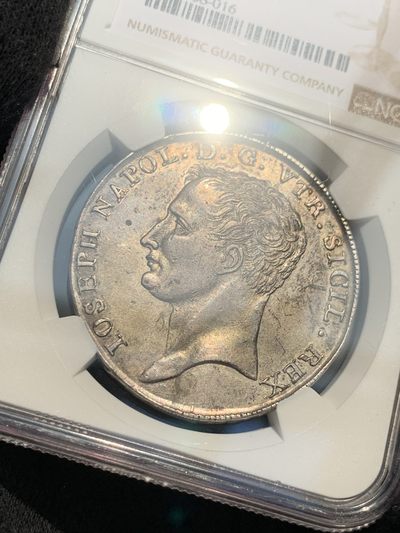《竞宝斋》第239场-周日，周一 年终拍场 (全场包邮) NGC AU53 意大利 那不勒斯王国 1808 约瑟夫·拿破仑 120G 大银币 稀缺品种 包浆底板细节都非常好 发丝无磨损 性价比好 低评了
