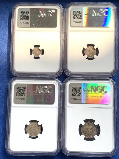 《竞宝斋》第239场-周日，周一 年终拍场 (全场包邮) 4枚一组 NGC UNC-MS65 英国1892年洗脚币 1便士+2便士+3便士+4便士  灌足节稀少品种 少见包浆 PL感十足