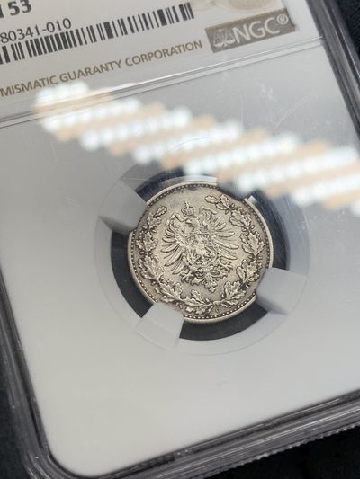 《竞宝斋》第239场-周日，周一 年终拍场 (全场包邮) NGC AU53 德国1877年第二帝国短翅50芬尼银币，少见品种，常见的都是1/2马克