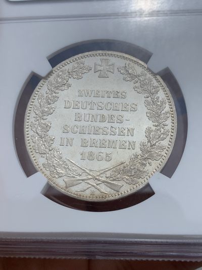 《竞宝斋》第239场-周日，周一 年终拍场 (全场包邮) NGC MS64 德国德意志不来梅 1865年射击节1泰勒银币 原光出厂状态！高分难得