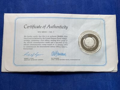 《竞宝斋》第239场-周日，周一 年终拍场 (全场包邮) 1974联合国发行的1盎司纯银章首日封（纪念国际工会组织）