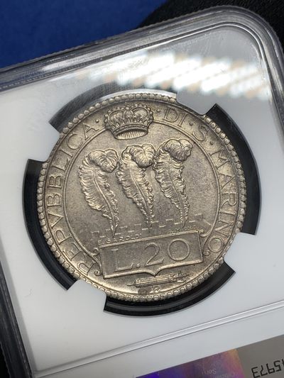 《竞宝斋》第239场-周日，周一 年终拍场 (全场包邮) NGC-MS62 圣马力诺 1931年 20里拉银币 漂亮的锦盒彩包浆 难得好状态