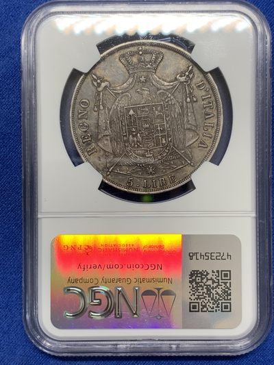 《竞宝斋》第239场-周日，周一 年终拍场 (全场包邮) NGC XF45 1814M法国占领意大利王国拿破仑一世5里拉银币，实物细节很好，深打制发丝盾徽清晰，老黑彩包浆，AU的状态。1814为关门年份，仅有M厂米兰铸造，数量仅10万，为战争期间好品罕见，此年拿破仑战败被流放，很有历史意义。