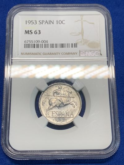 《竞宝斋》第239场-周日，周一 年终拍场 (全场包邮) NGC MS63 西班牙1953年10分唐吉坷德勇士铝币
