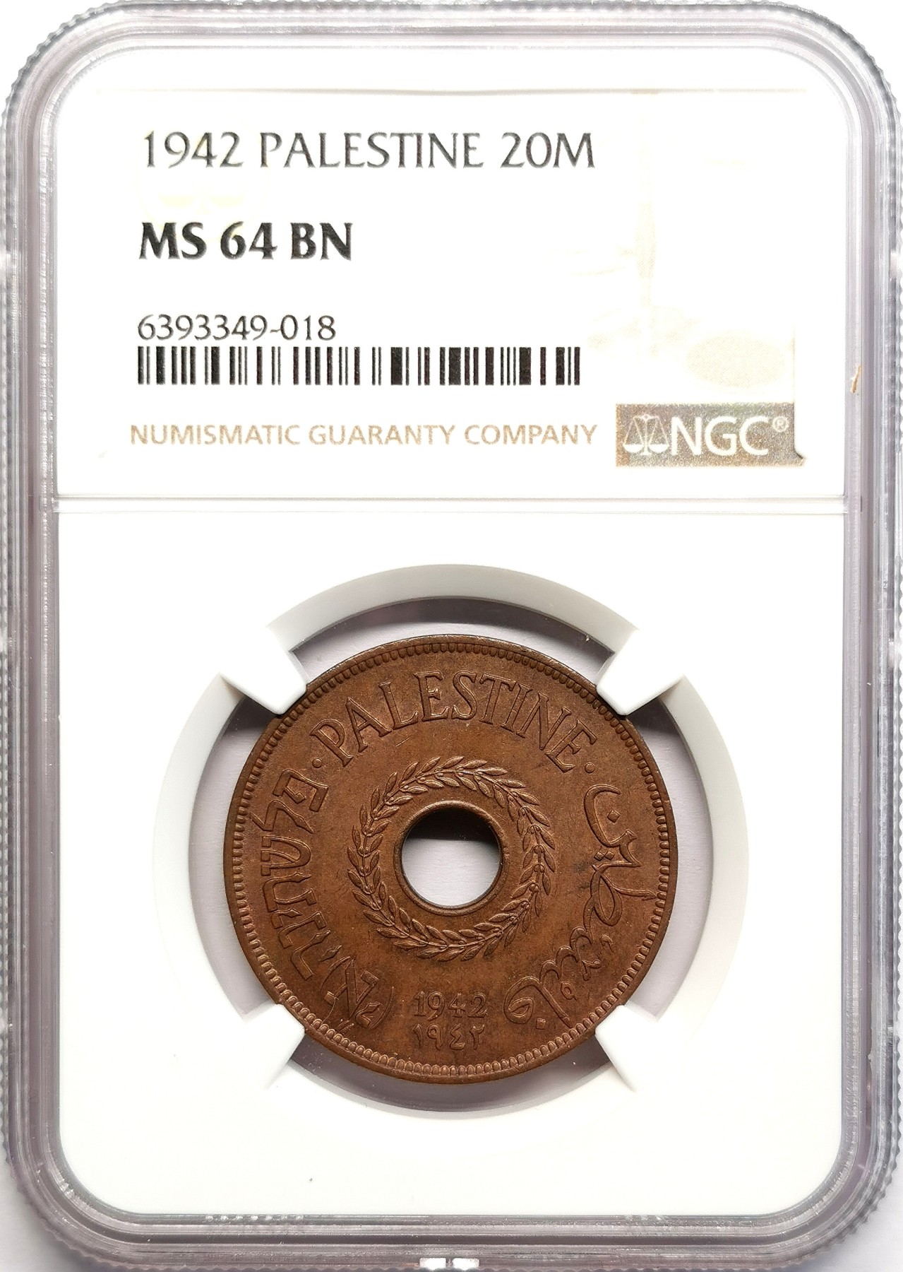 凡希社世界钱币微拍第二百六十期 荐！1942巴勒斯坦20Mil红铜币NGC-MS64BN，N亚军分，铜辅币最大面值高分稀有！
