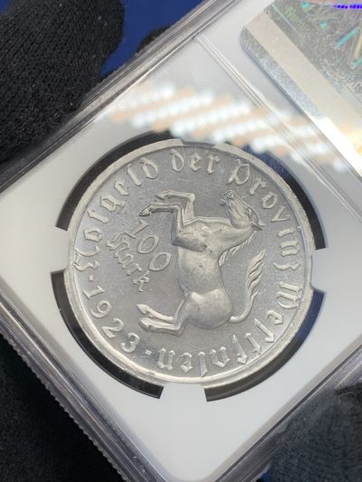 《竞宝斋》第239场-周日，周一 年终拍场 (全场包邮) NGC MS64 德国1923年威斯特法伦100马克铝币，紧急通胀大马币系列之一，品相极佳，PF效果