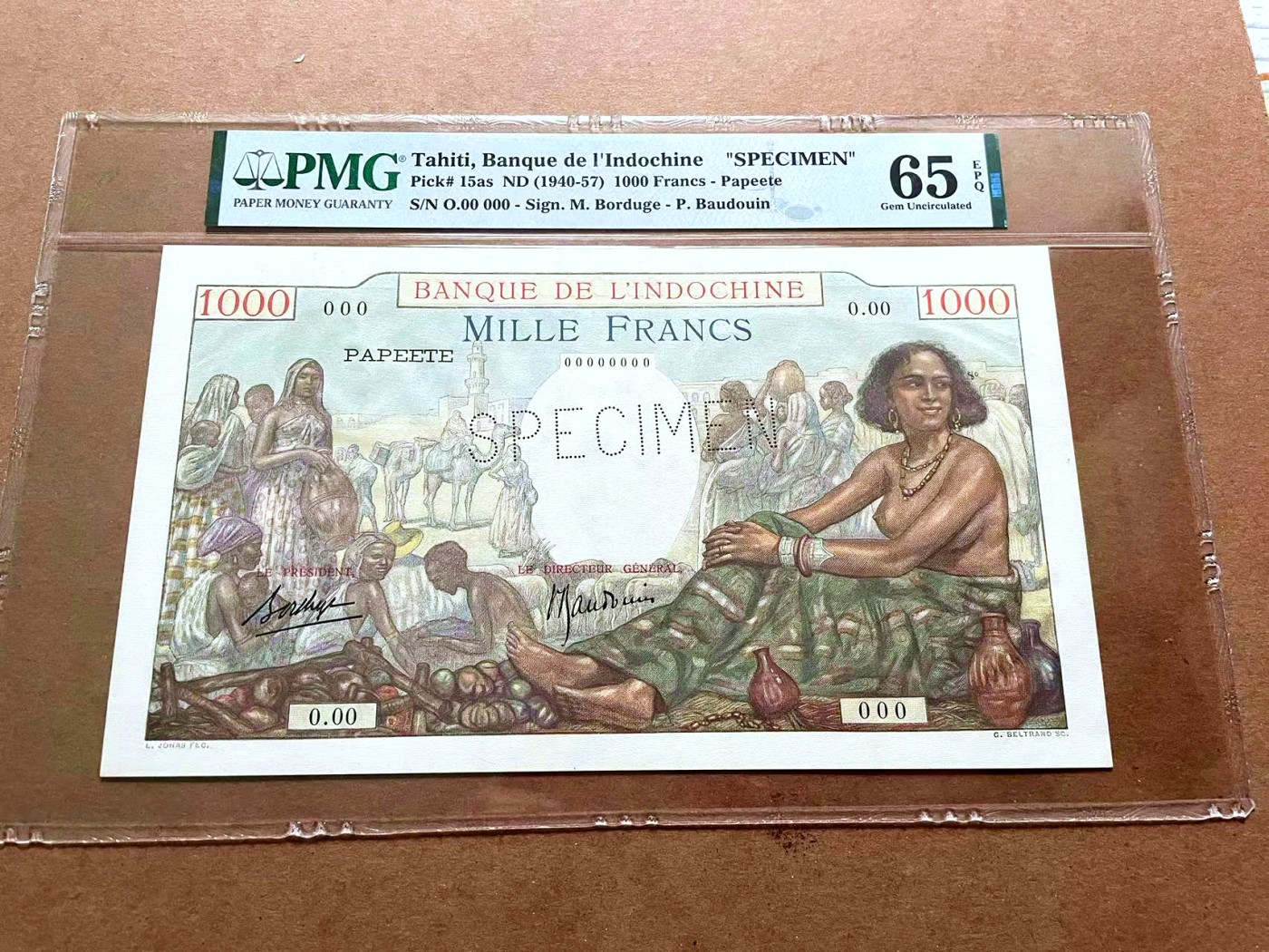 【Blue Auction】✨世界纸币精拍第429期——苍老师专场 PART2 塔希提 1940-57年1000法郎 PMG65EPQ 样钞 超大票幅 设计精美