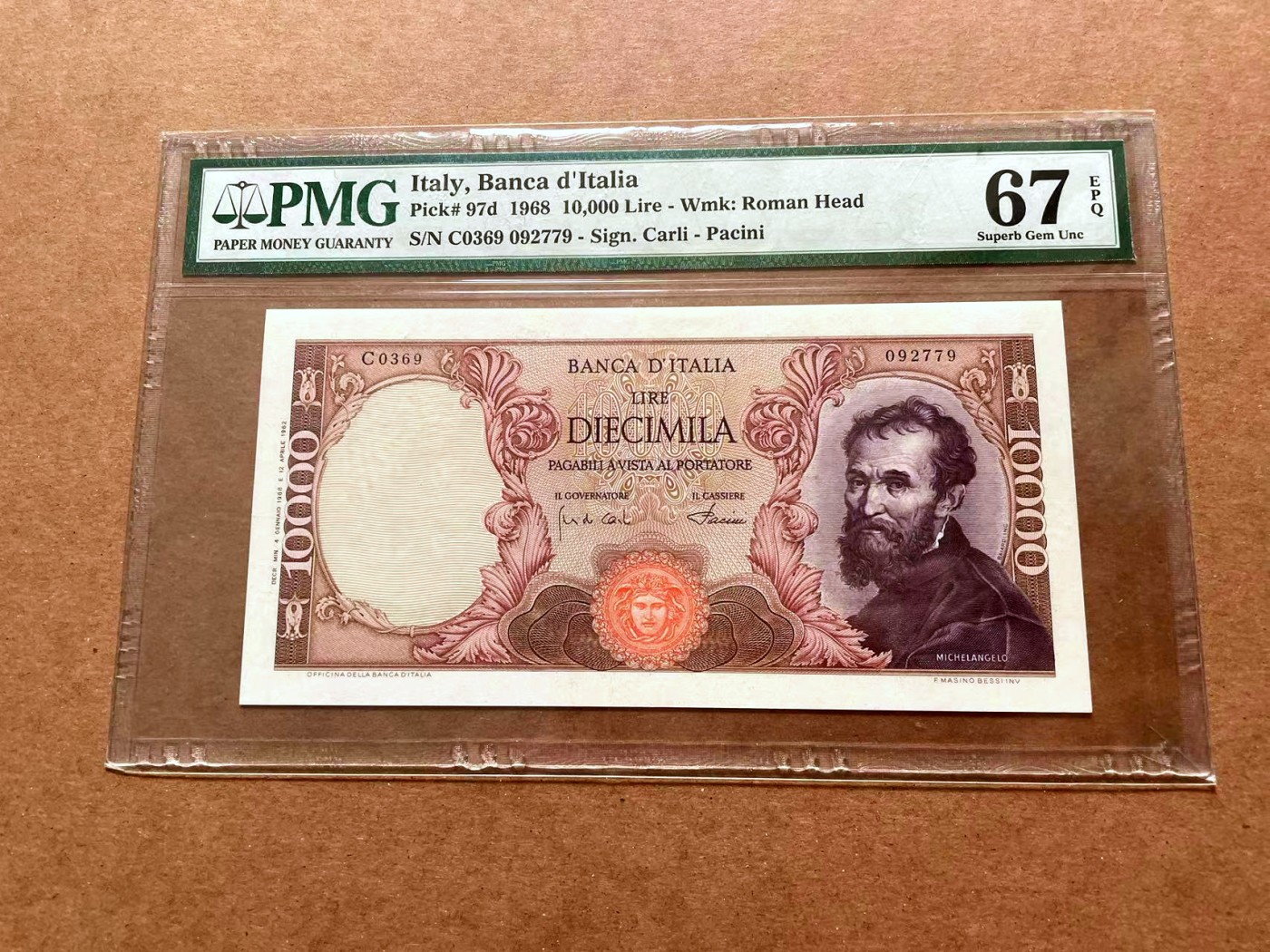 【Blue Auction】✨世界纸币精拍第428期——苍老师专场 PART1 意大利 1968年10000里拉 米开朗基罗 PMG67EPQ 高分
