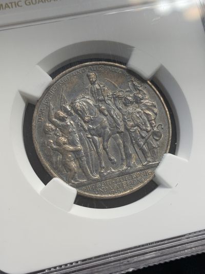 《竞宝斋》第239场-周日，周一 年终拍场 (全场包邮) NGC MS61 德国普鲁士1913年战胜拿破仑纪念2马克银币 正面极致五彩，背面环五彩 视觉盛宴 分数可以忽略了