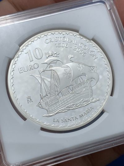 《竞宝斋》第239场-周日，周一 年终拍场 (全场包邮) 西班牙2006年哥伦布远航船队（圣塔马利亚号）10欧精制币（发行9960枚） 27g 40mm 925银