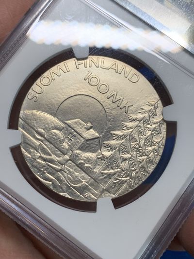 《竞宝斋》第239场-周日，周一 年终拍场 (全场包邮) NGC MS68 芬兰1990年100马克伤残退伍军人协会纪念银币 克劳斯获奖币 三十五周年特标