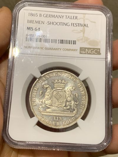 《竞宝斋》第239场-周日，周一 年终拍场 (全场包邮) NGC MS64 德国德意志不来梅 1865年射击节1泰勒银币 原光出厂状态！高分难得