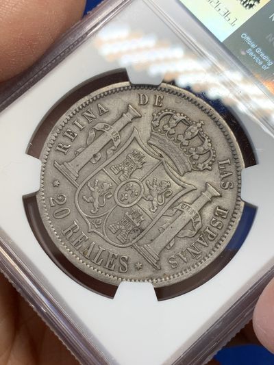 《竞宝斋》第239场-周日，周一 年终拍场 (全场包邮) NGC XFD 西班牙 1854年 20里亚尔 猪头妹 少见品种 细节好，可以重评搏分，西班牙现在也是潜力股，可以投资重评等待涨钱