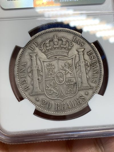 《竞宝斋》第239场-周日，周一 年终拍场 (全场包邮) NGC XFD 西班牙 1854年 20里亚尔 猪头妹 少见品种 细节好，可以重评搏分，西班牙现在也是潜力股，可以投资重评等待涨钱