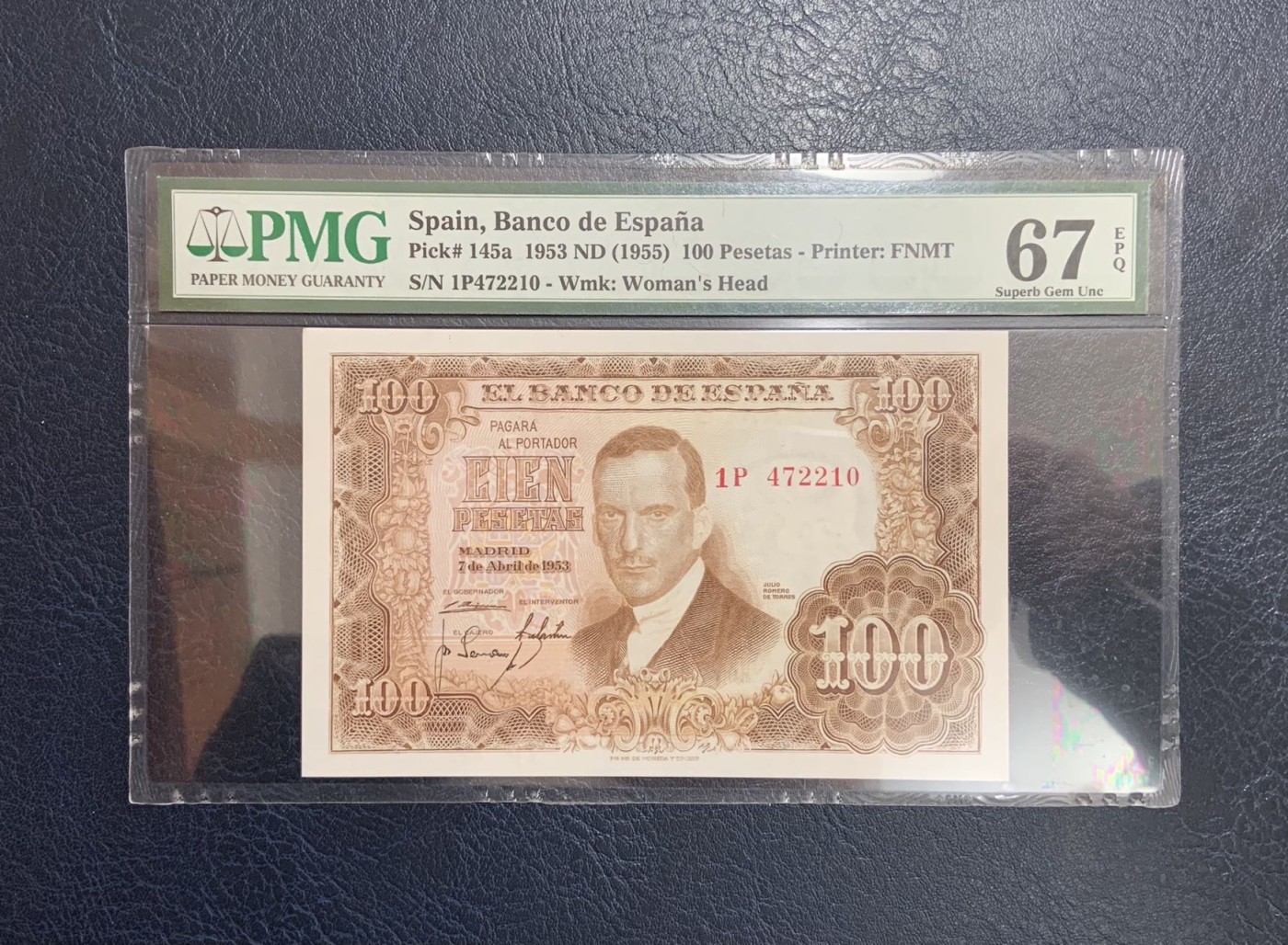 收藏联盟Quantum Auction 第321期拍卖  西班牙1955年100比塞塔 PMG67 名模冈萨雷斯画像
