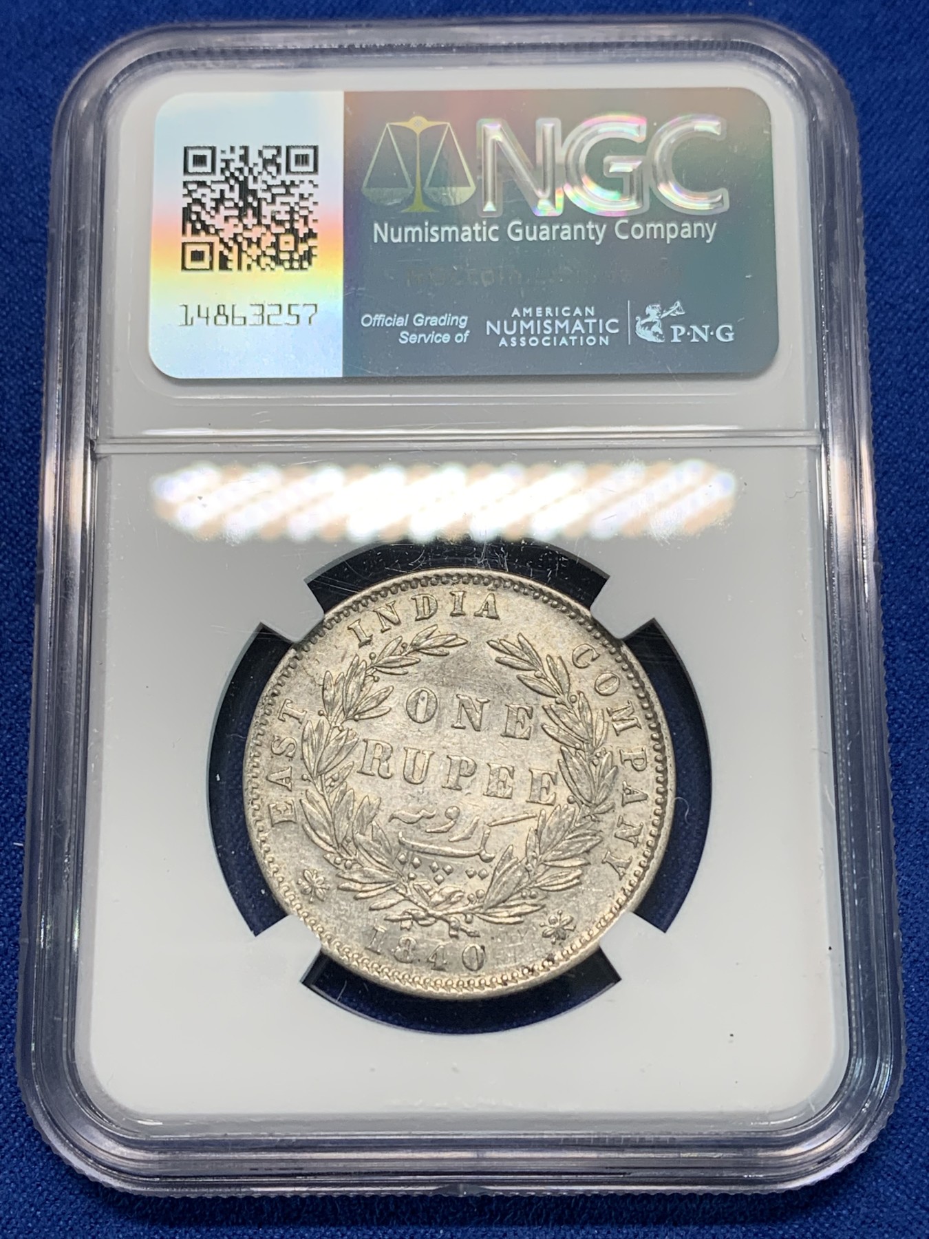 《竞宝斋》第240场-周日，周一 年终尾场 (全场包邮) NGC XF45 英属印度1840年维多利亚女王双辫版1卢比银币