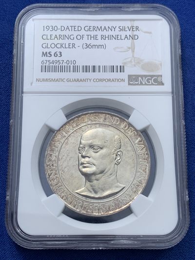 《竞宝斋》第239场-周日，周一 年终拍场 (全场包邮) NGC-MS63 1930年德国古斯塔夫·施特雷泽曼纪念银章，原德国魏玛共和国总理和外交部长，1926年获诺贝尔和平奖。PL底板，原汁原味五彩老包浆，包浆浑厚，状态极佳。