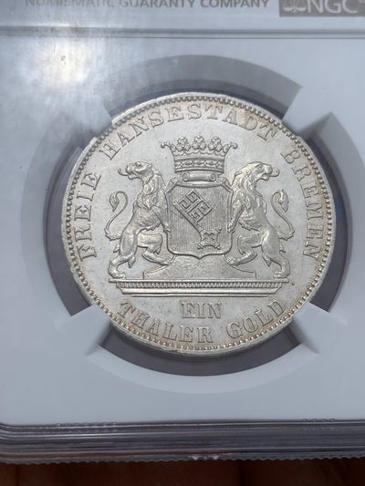 《竞宝斋》第239场-周日，周一 年终拍场 (全场包邮) NGC MS64 德国德意志不来梅 1865年射击节1泰勒银币 原光出厂状态！高分难得