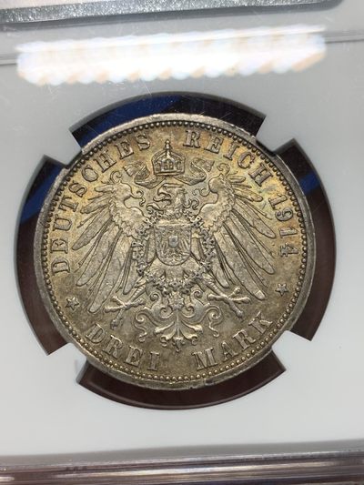 《竞宝斋》第239场-周日，周一 年终拍场 (全场包邮) NGC-AU55 德国 1914年 普鲁士 威廉二世 军装 3马克 银币 黄油彩 低评了