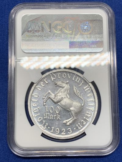 《竞宝斋》第239场-周日，周一 年终拍场 (全场包邮) NGC MS64 德国1923年威斯特法伦100马克铝币，紧急通胀大马币系列之一，品相极佳，PF效果