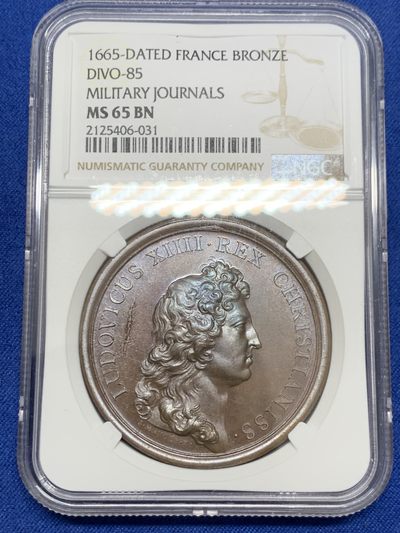 《竞宝斋》第239场-周日，周一 年终拍场 (全场包邮) 唯一冠军分 NGC MS65BN 法国1665年路易十四统领军事期刊纪念大铜章