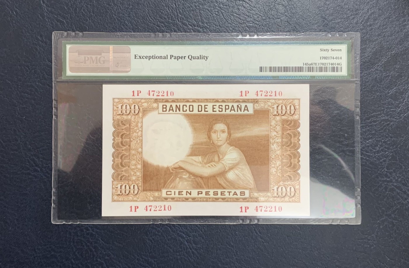 收藏联盟Quantum Auction 第321期拍卖  西班牙1955年100比塞塔 PMG67 名模冈萨雷斯画像