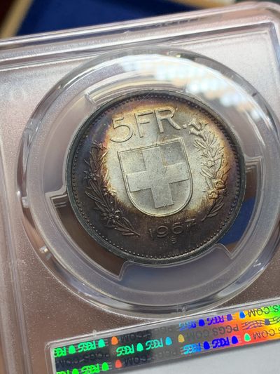 《竞宝斋》第239场-周日，周一 年终拍场 (全场包邮) PCGS-MS66 瑞士1967年5法郎银币，官网只有一枚更高分，该年份官网封面首枚广告币，分数状态包浆都是顶级